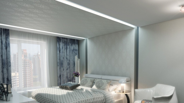 Пример тканевого натяжного потолка со световыми линиями